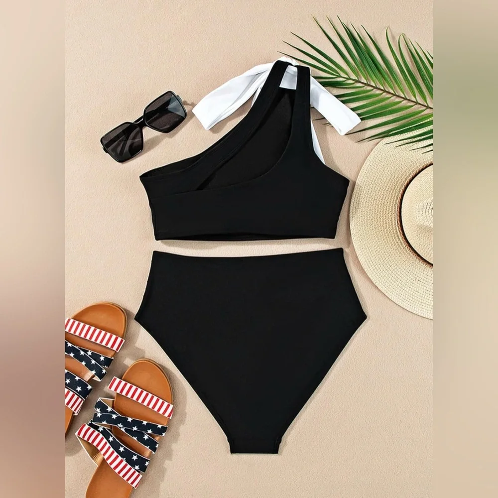 Women's XL Black One Shoulder High Waist Bikini Swimsuit White Bow Tie Beachwear